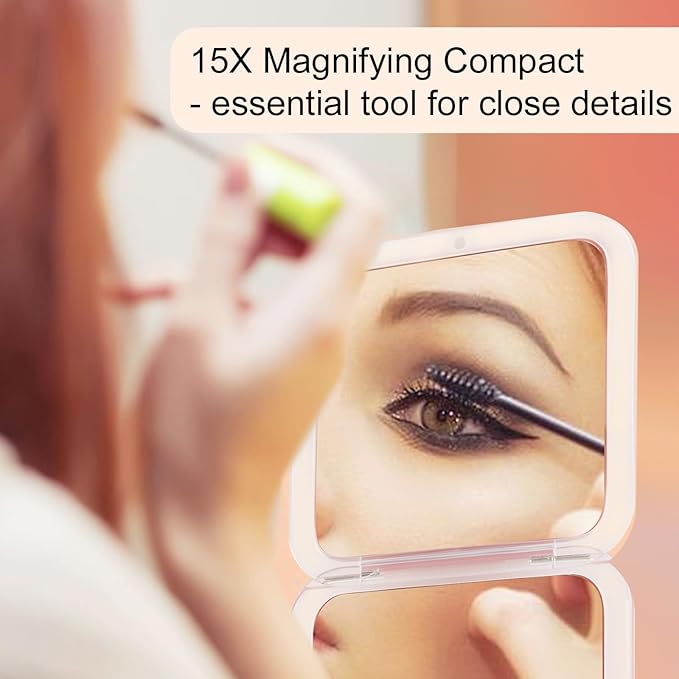 15x Magnifying Compact Mirror for Purses and Travel - Handheld 2 Sided 15x/1x Makeup Mirror - Slim Pocket Mirror, Portable & Foldable Square 3.3” x 3.3” (Pink)