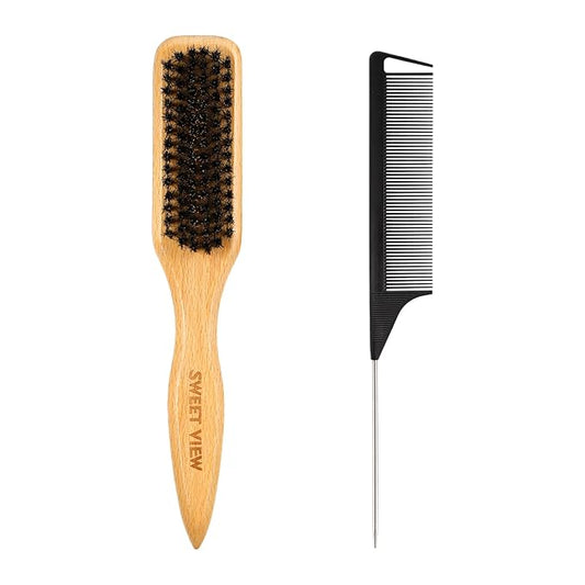 Boar Bristle Slick Back Hair Brush for Smooth Flyaways, Frizz, Sleek Ponytail, Buns and Edge Baby Hair, Teasing | Gel Comb Styling Accessories for Girls, Kids and Women