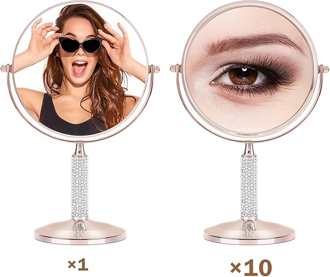 7"Rose Gold Glitter Diamond Rhinestone Makeup Mirror,360°Rotate Round Tabletop Vanity Mirror Double Sided 1X/10X HD Undistorted Magnifying Mirror,Portable Vanity Women Gift (No Lamp Rose Gold)