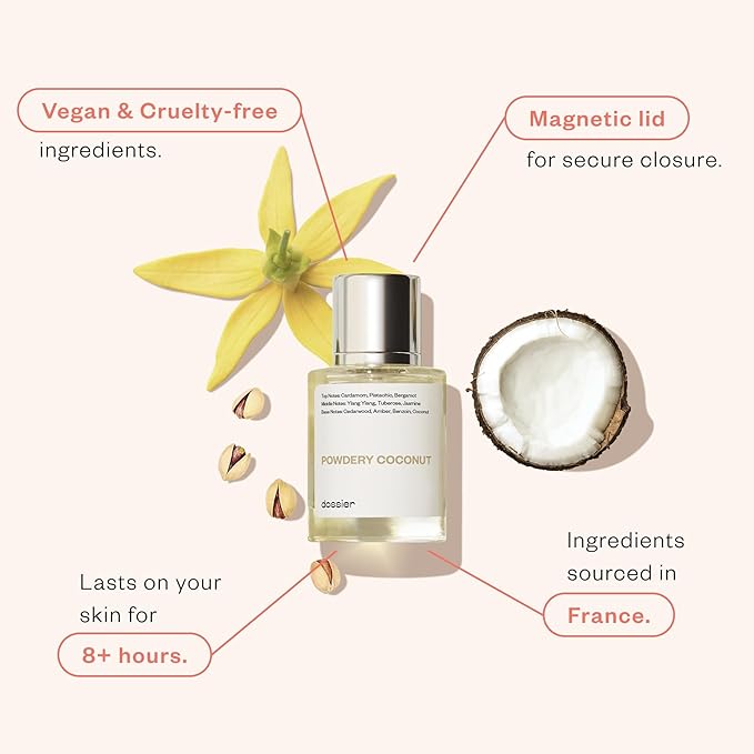 Dossier - Powdery Coconut 1.7 Fl oz (50ml) - Perfume Inspired by T.Ford Soleil Blanc - Pure Infused - Paraben Free - Vegan - For Women Men Unisex