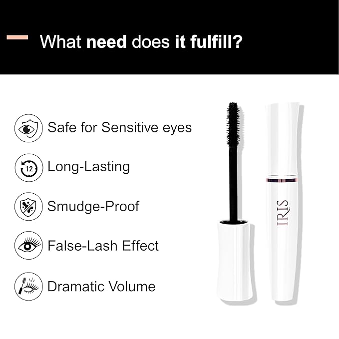 IRIS - Volumizing Mascara (12 Hrs Hold) | Lash Growth Formula - Dermatologically & Ophthamologically Tested | Smudgeproof and LightWeight | Black 12 ml