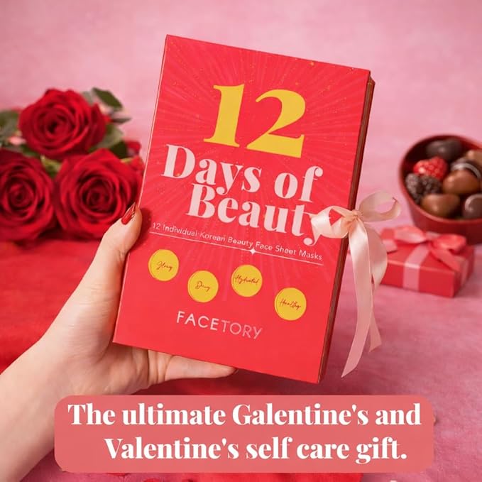 FACETORY Valentine’s & Galentine’s Day Skincare Gift Set | 12-Day K-Beauty Sheet Mask Collection | Self Care Gift for Women, Friends & Besties