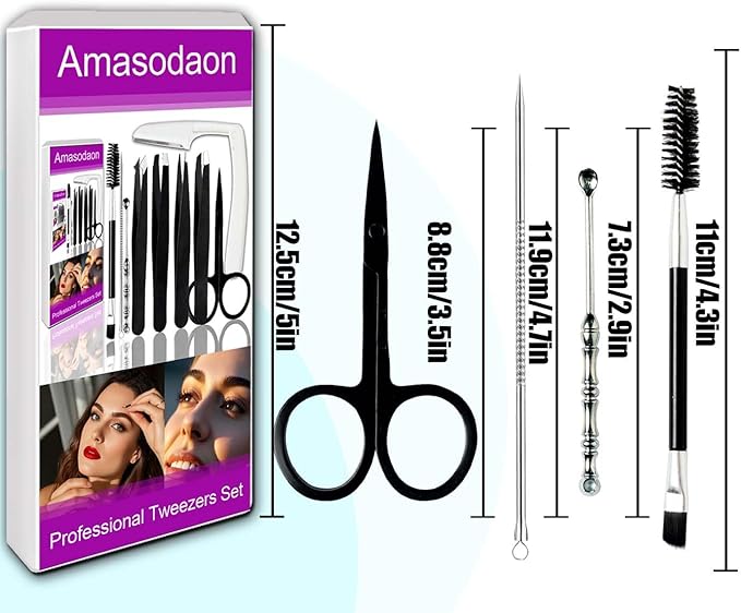 Tweezers Set [9+1 PCS] - Professional Stainless Steel Tweezers for Eyebrows – High-Precision Beauty Tools for Eyebrows, Facial Hair, Splinter & Ingrown Hair Removal