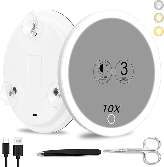 Magnifying Mirror with Light 10x, Large 6'' Lighted Suction Magnified Mirror, 3 Color Modes Dimming High Magnification Travel Makeup Mirror, Rechargeable Battery, with Tweezers & Scissors