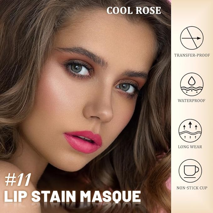 Kaely Cool Rose Lip Stain Peel Off Masque, Long Lasting Waterproof Smudge Proof Lip Tint, Non-Transfer Semi Permanent Lipliner Tattoo with Tweezer, Matte Finish, Vegan & Cruelty-Free, 11