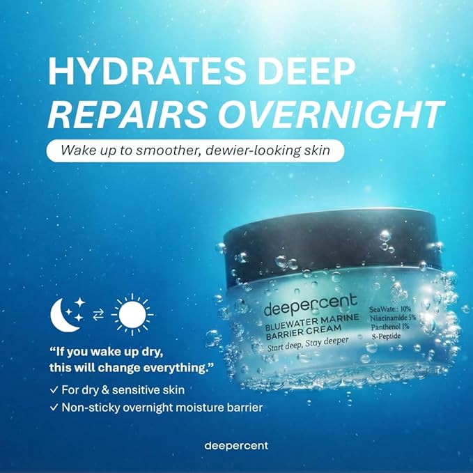 DEEPERCENT Bluewater Marine Barrier PDRN Face Cream - Night Cream Face Moisturizer Dewy Skin Deep Hydration Hyaluronic Acid Peptide Vegan Fragrance Free Sensitive Skin Korean Skin Care (1.69 fl oz)