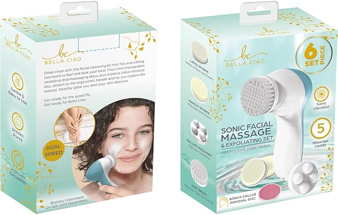 Bella Ciao 6-Piece Facial Cleansing and Exfoliating Set with Soft Facial Brush, Rolling Massager Head, Latex Sponge, Makeup Sponge, and Callus-Remover Disc, Batteries Not Included, Blue