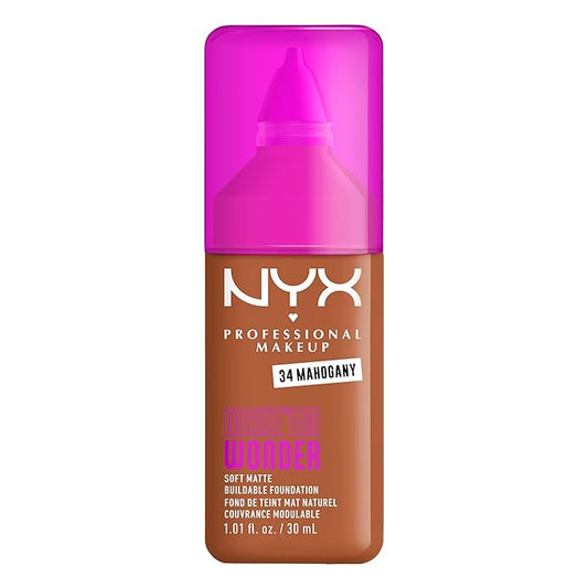 NYX PROFESSIONAL MAKEUP Make 'Em Wonder Liquid Foundation, 24HR Foundation Makeup With A Soft Matte Finish, Buildable Full Coverage - 34 Mahogany