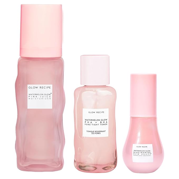 Glow Recipe Real Glass Skin Kit - PHA + BHA Toner & Gentle Face Exfoliant (40 ml) + Pink Juice Hydrating Moisturizer with Hyaluronic Acid (50 ml) + Niacinamide Dew Drops Highlighting Serum (15 ml)