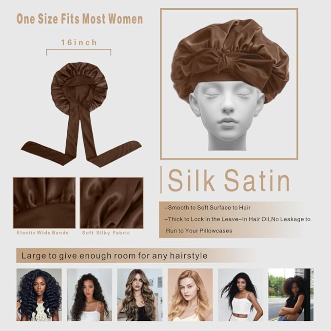 Silk Bonnet for Sleeping Women, Ajustable Hair Bonnet for Curly Hair with Tie Band Shower Caps Brown，Large