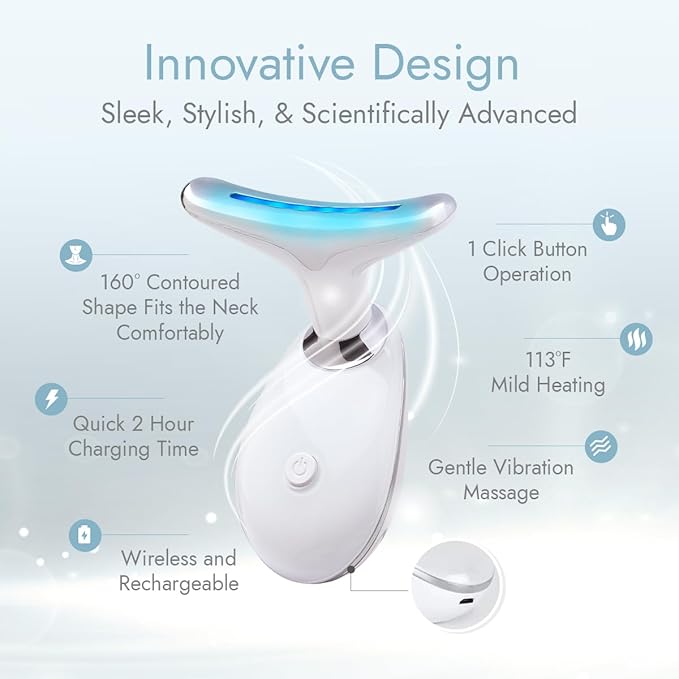 LuxeSkin 7 Color LED Red Light Therapy Facial Massager for Face and Neck, Electric Facial Tool for Skin Care with Vibration, Warm Mode & Travel Bag