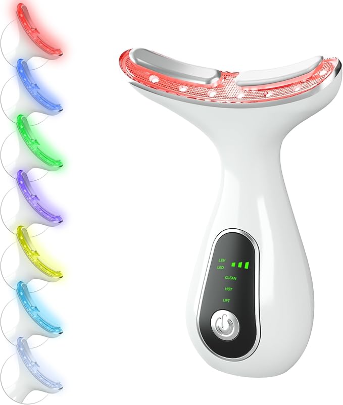Facial Massager 7 Color Face Lift Device for Face and Neck Massage with 113°F & Vibration & Clean 3-in-1 Multifunctional Wand for Skin Care (White)