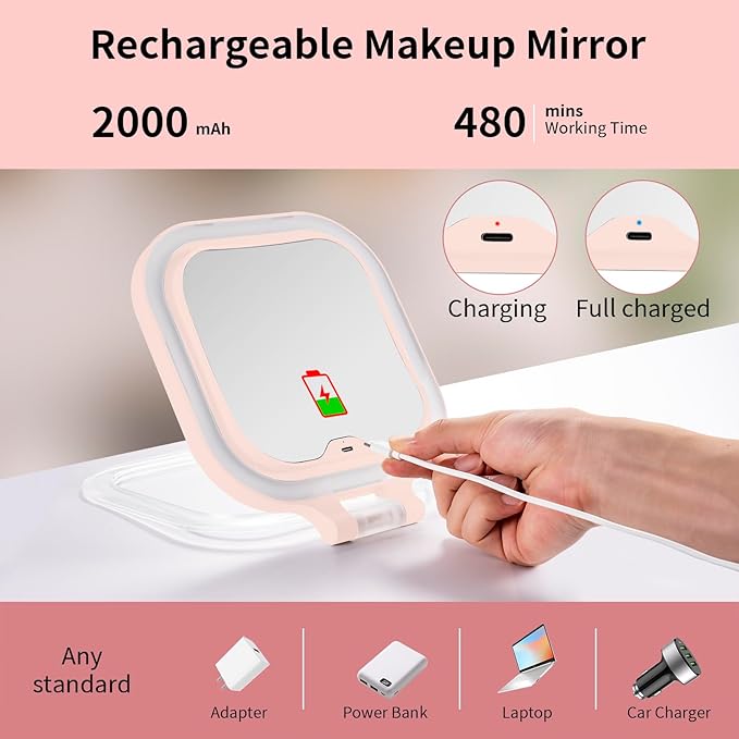 DESCHEN Rechargeable Travel Makeup Vanity Mirror with Lights and Magnification, Portable 1X/10X Magnifying Mirror with 3 Color Light, Lighted Makeup Mirror with Magnification, Folding LED Desk - Pink