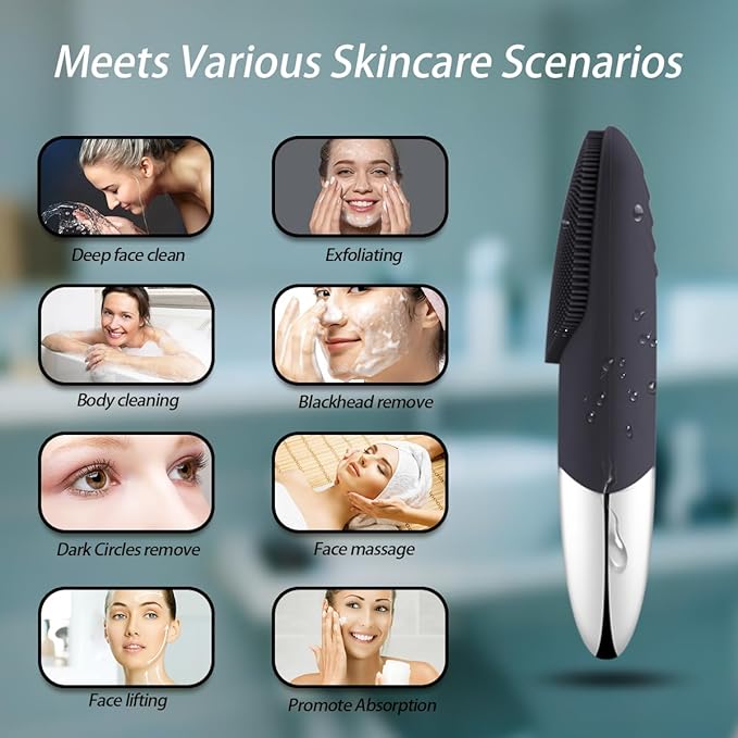 Facial Cleansing Brush, 3-in-1 Electric Silicone Face Scrubber, Vibrating Massager, IPX7 Waterproof, USB Rechargeble Pore Brush for Deep Cleanning, Blackhead Remover, Exfoliating (Gray)