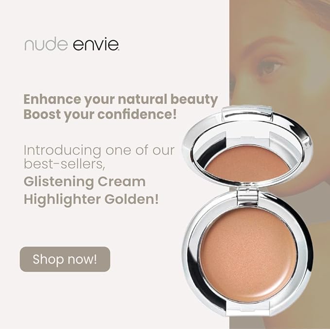 Nude Envie - Cream Highlighter - Creamy Texture & Easy Application - Smooth, Buildable, Luminous Finish - Infused With Crushed Pearls - Mirror Compact - Vegan, Paraben-Free & Cruelty-Free - Golden