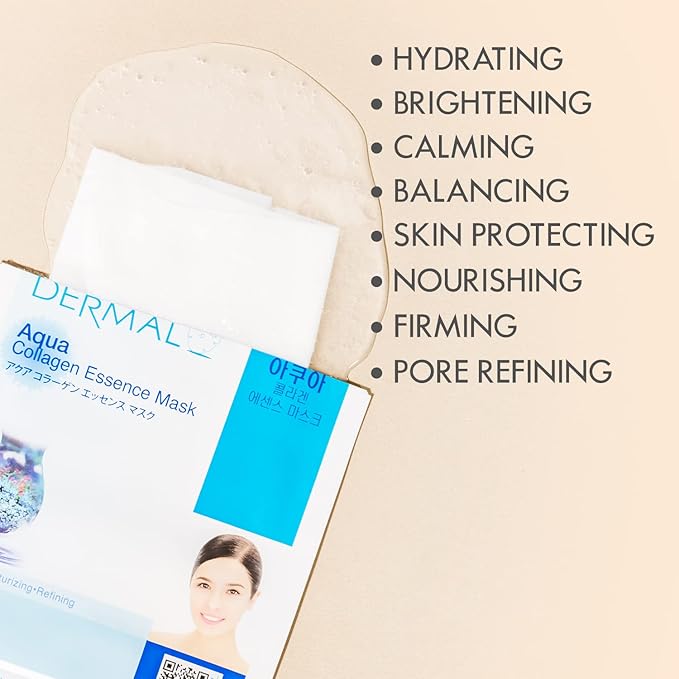 DERMAL Korean Collagen Face Mask 32 Combo Pack A+B Set – Hydrating & Soothing Sheet Mask with Panthenol, Hypoallergenic Calming Moisture Care for All Skin Types