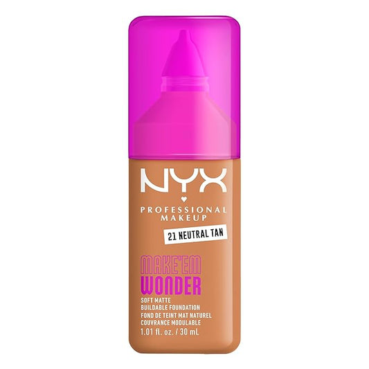 NYX PROFESSIONAL MAKEUP Make 'Em Wonder Liquid Foundation, 24HR Foundation Makeup With A Soft Matte Finish, Buildable Full Coverage - 21 Neutral Tan