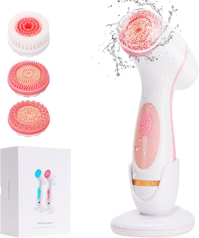 Facial Cleansing Brush, Waterproof Dual-Rotation Face Scrubber Exfoliator with 3 Brush Heads and 2 Adjustable Speeds, Rechargeable Exfoliating Face Brushes for Cleansing and Skin Care (Pink)