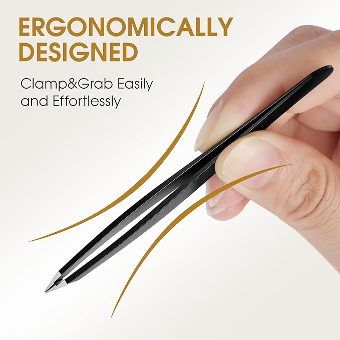 TsMADDTs Slant and Point Tip Tweezers for Women and Men, 2-Pack Professional Stainless Steel Precision Tweezers for Eyebrows, Facial Hair, Ingrown Hair Removal