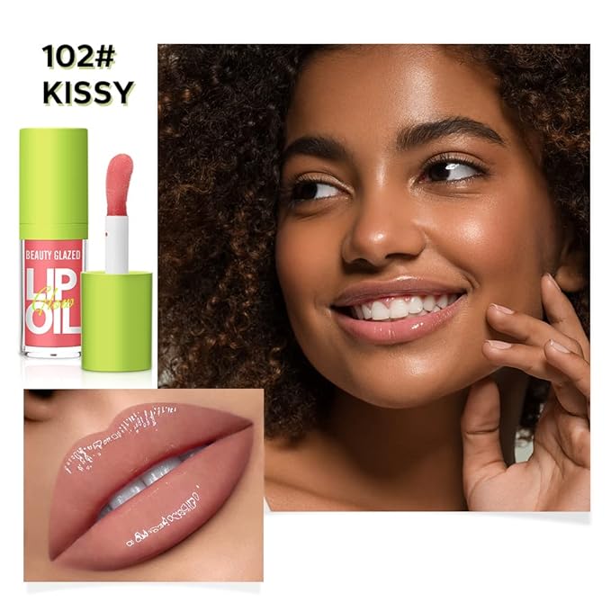 Beauty Glazed Big Brush Head Lip Oil, Ultra-Hydrating & Nourishing, Smooth Glossy Finish Lip Glow Oil, Shiny and Vegan Tinted Lip Gloss, Non-Sticky Formula (102# KISSY)