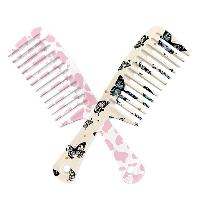 2PCS Wide Tooth Comb,Effortless Tangle Removal for Long Hair Styling Comb for Curly,Wet,Cute Aesthetic Design for Women Men and Girls(Pink-Cow Butterfly-04)