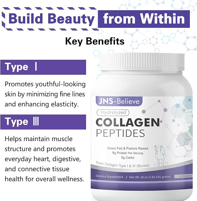 Collagen Peptides Powder for Skin, Hair and Nails, Bovine Hydrolyzed Collagen Peptides for Women and Men, Unflavored Protein Supplements, 16 oz, 45 Servings
