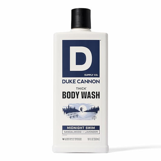 Duke Cannon Supply Co. Thick High Viscosity Body Wash - 3X Thicker, Cleansing Shower and Bath Gel, Mineral-Enriched Body Wash for Men - Sandalwood + Lavender - Mens Body Scrub - Midnight Swim (18 oz)