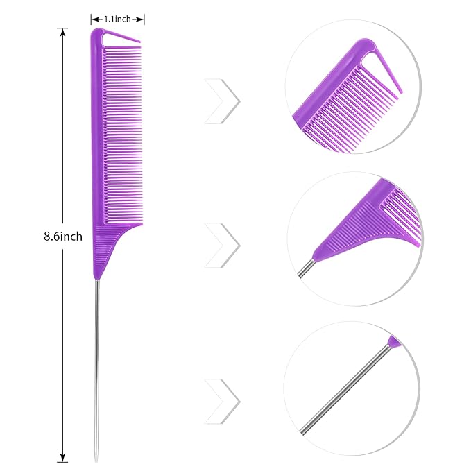 Rat Tail Steel Pin Teasing Combs Set: 3 Pack Hair Styling Combs for Parting and Teasing All Hair Types (Purple)