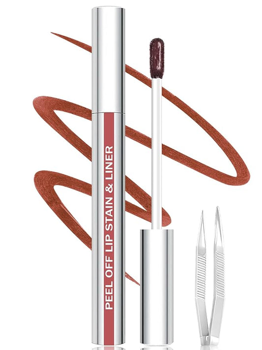 Lip Liner Stain Peel Off with Tweezer, Long Lasting Matte Lip Tattoo, Highly Pigmented Color Lip Makeup, Waterproof, Transfer-proof Lipstain for Women, COCOA