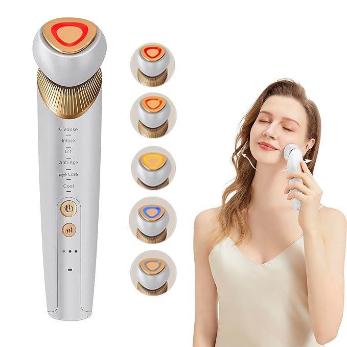 6-in-1 Age-Defying - Eye, Face & Neck Lift & Firm, 5-Color Light Therapy for Face with Microcurrent, Vibration, Heat & Cooling, Skin Care Tool for Youthful & Tightening Skin (White)