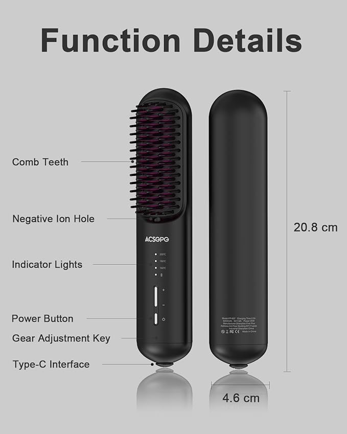 Rechargeable Hair Straightener Brush - 6400mAh Large Capacity Battery - Portable Straightening Brush Comb - Mini Cordless Ionic Straightener for Women - Great for Travel & Home