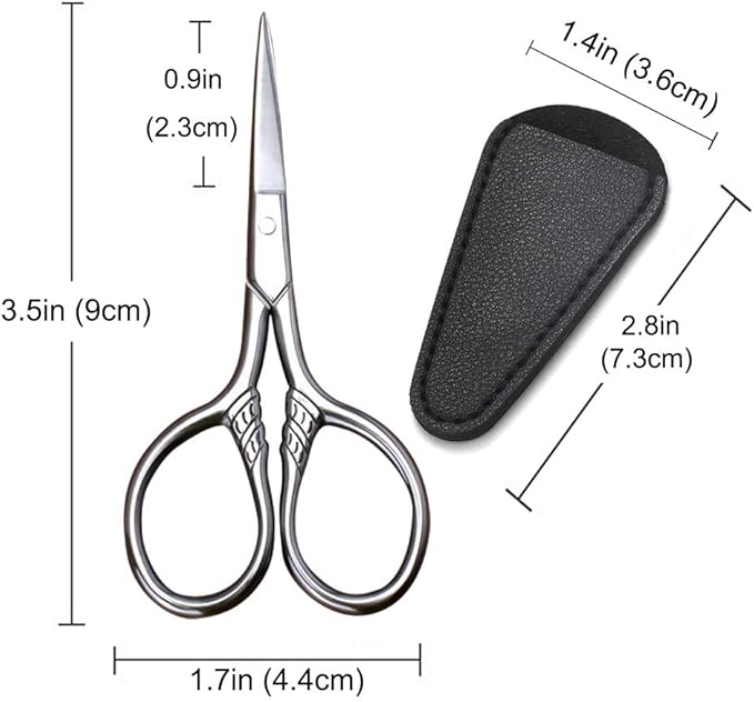 Small Precision Scissors, 3.5inch Stainless Steel Multi-Purpose Vintage Beauty Grooming Kit for Facial Hair, Eyebrow, Eyelash, Beard, Moustache with PU Sheath