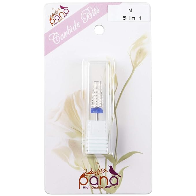 PANA Nail Carbide 5 in 1 Bit - Two Way Rotate use for Both Left and Right Handed - Fast remove Acrylic or Hard Gel - 3/32" Shank - Manicure, Nail Art, Drill Machine (Medium - M, Silver)