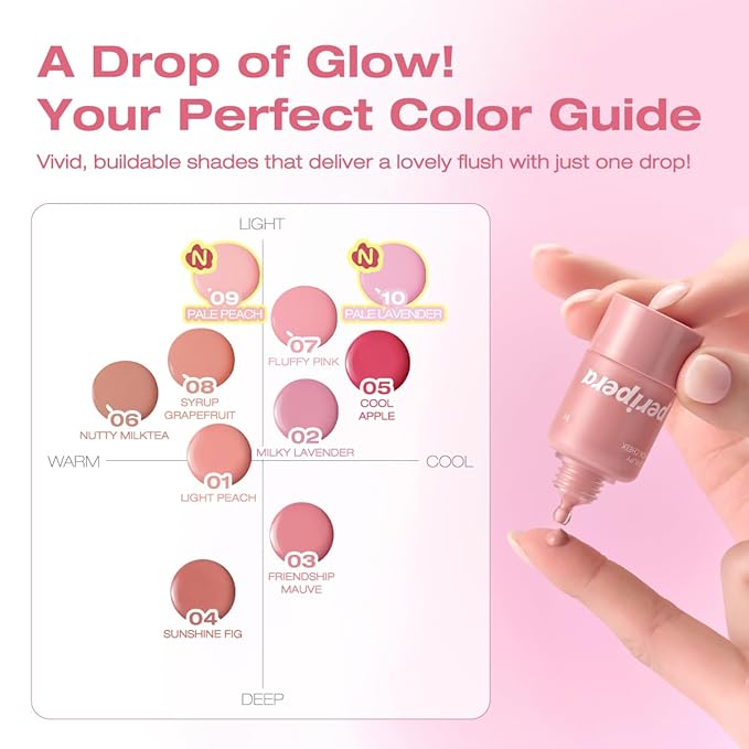 PERIPERA SYRUPY TOK CHEEK, Liquid Blush, Dewy Finish and Hydrates All day, Soft Velvet Texture Face Cheek Tint (09 PALE PEACH, One Size)