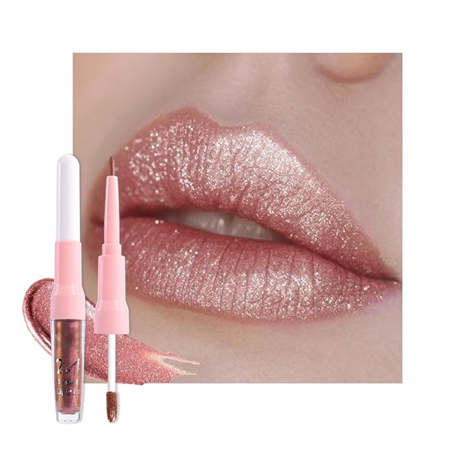 evpct Nude Gold Metallic Glitter Lip Liner and Lipstick Combo Lip Gloss Stain Set Makeup for Women Long Lasting Waterproof 24, Non Stick Cup Metal Shine Shiny Shimmer Iridescent Liquid Lipstick 27