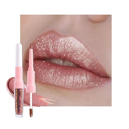 evpct Nude Gold Metallic Glitter Lip Liner and Lipstick Combo Lip Gloss Stain Set Makeup for Women Long Lasting Waterproof 24, Non Stick Cup Metal Shine Shiny Shimmer Iridescent Liquid Lipstick 27