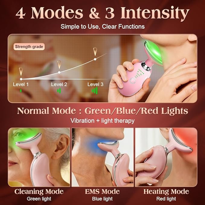 Face and Neck Massager Tool with Heat & 3 Light Therapies, Smart Vibration, Red-Light-Therapy and EMS Modes, Gua Sha Facial Tools for Face and Neck Skin Care and TMJ Relief