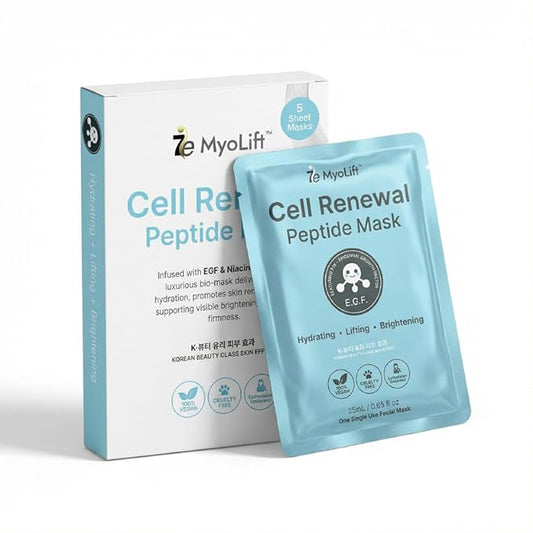MYOLIFT Cell Renewal Peptide Mask(EGF)– 100%Vegan, Bio-Cellulose FaceMask for CellRenewal, Skin Firming, Hydrating & Brightening-with Niacinamide, Hyaluronic Acid& EGF|Korean Skincare Sheet Mask–Pack5