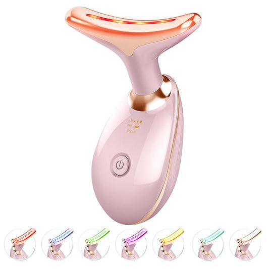 Red Light Therapy for Face and Neck, 7 Color Light Based Face Massager Tool, Portable Skin Care Tool for Firming, Tightening and Lifting (Glossy Pink)