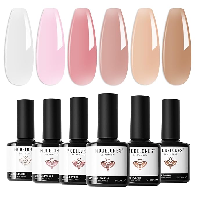 modelones Gel Nail Polish 6 Colors Transparent Jelly Milky White Sheer Pink Neutral Nude Gel Polish Nail Soak off Nail Polish French Nail Art Manicure DIY Home Salon Gift for Women
