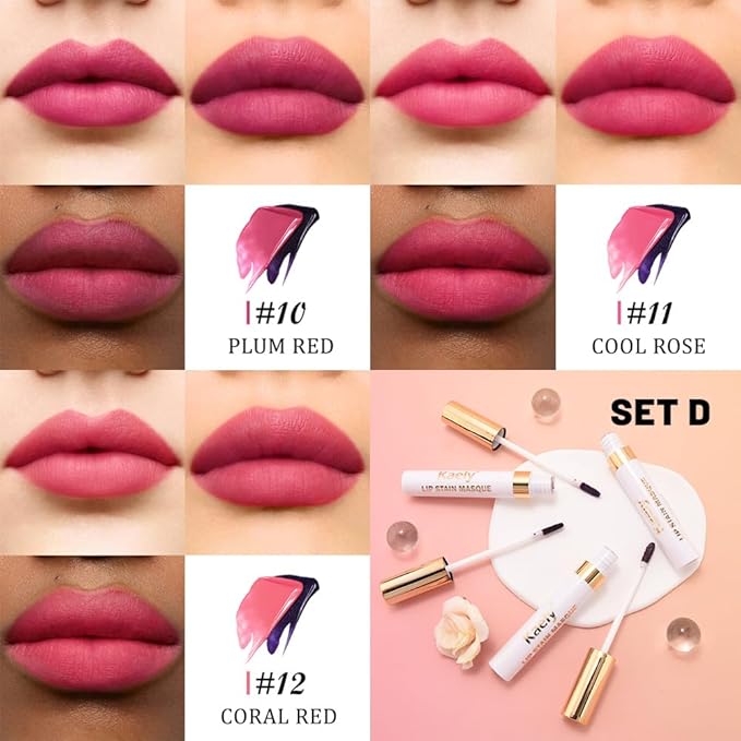 Kaely 3Pcs Lip Stain Peel Off Masque, Long Lasting Waterproof Smudge Proof Lip Tint, Non-Transfer Semi Permanent Lipliner Tattoo with Tweezer, Matte Finish, Vegan & Cruelty-Free, Set D-10+11+12