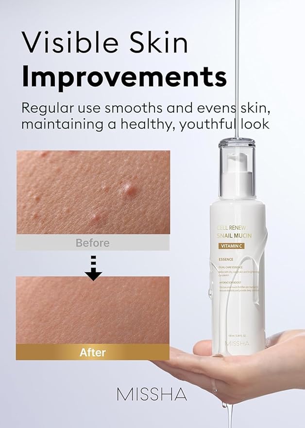 MISSHA Cell Renew Snail Mucin Vitamin C Essence Serum 3.38 Fl oz - Hydrating Korean Skincare for Glass Skin, Snail Mucin Serum for Improved Skin Texture & Complexion valentines day gifts for her