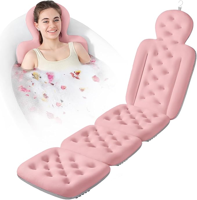 Luxury Bath Cushion, Full Body Bathtub Pillow with 160 Suction Cups, Bath Mat for Head and Neck Support, with Laundry Bag (Light Pink, 60.2" x 16.2")