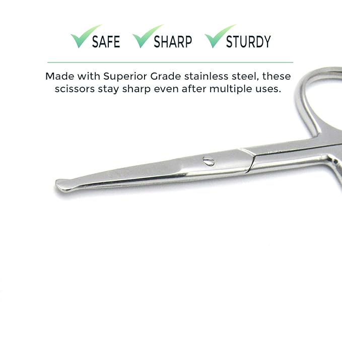 Rounded Stainless Steel Facial Hair Scissors – Safety Scissors for Nose Hair, Eyebrows, Eyelashes, Mustache, Beard, and Baby Nails