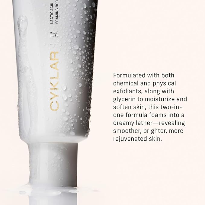 Cyklar Lactic Acid Foaming Body Polish – Exfoliating Body Wash with Chemical & Physical Smoothers – Includes Glycerin Hydration, Mandelic Acid & Volcanic Pumice. Fragrance-Free, 11 fl oz