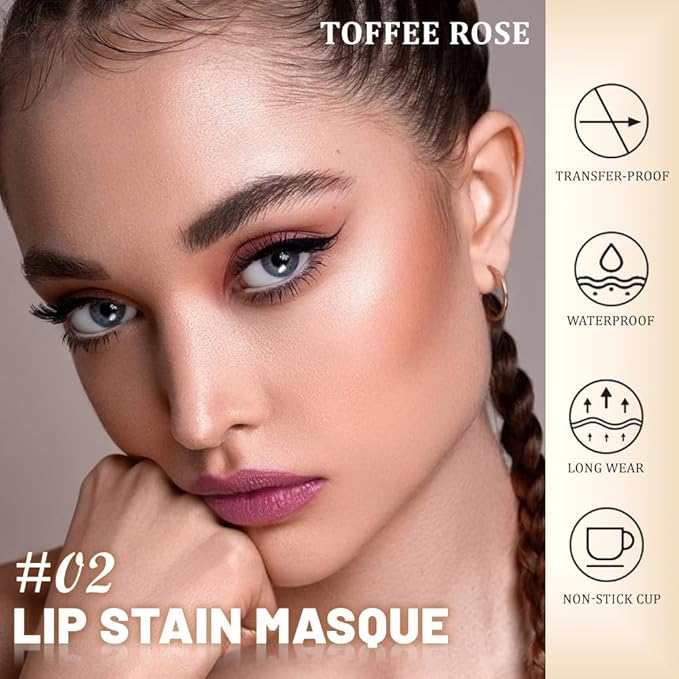 Kaely Toffee Rose Lip Stain Peel Off Masque, Long Lasting Waterproof Smudge Proof Lip Tint, Non-Transfer Semi Permanent Lipliner Tattoo with Tweezer, Matte Finish, Vegan & Cruelty-Free, 02