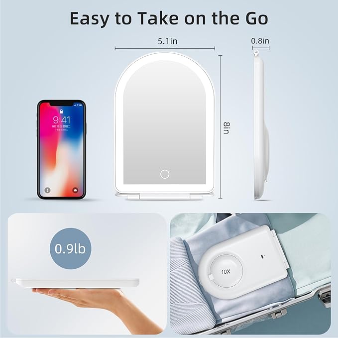 FUNTOUCH Rechargeable Travel Makeup Mirror with Lights,Portable Lighted Compact Mirror with Small 10X Magnification,3 Color Lighting, Dimmable Touch Screen, Tabletop LED Folding Cosmetic Vanity Mirror