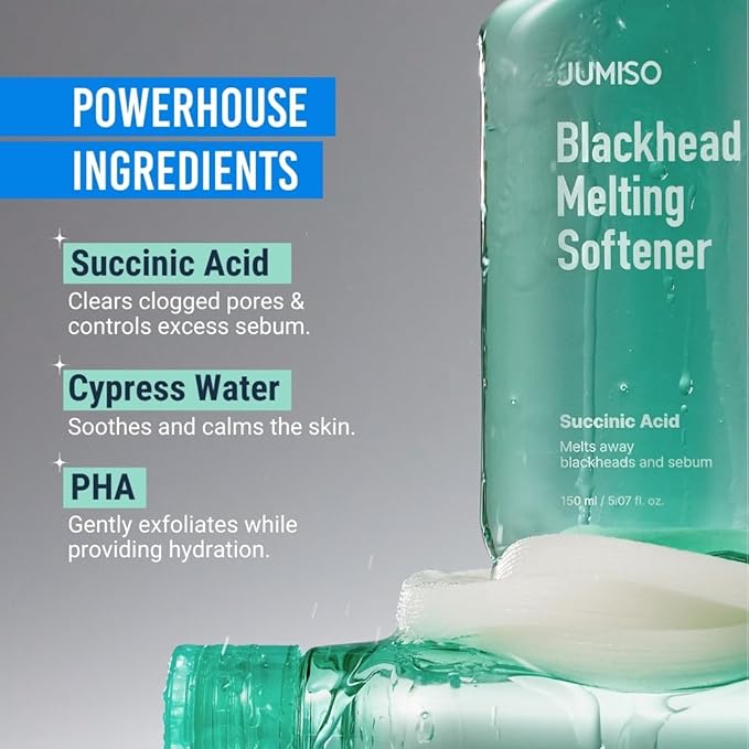 JUMISO Blackhead Melting Softener Kit (150ml/5.07 fl oz + 40 Pads + 10 Swabs) – Succinic Acid + PHA Pore Solution, Gently Dissolves Sebaceous Filaments & Strawberry Nose (No Pulling Strips)