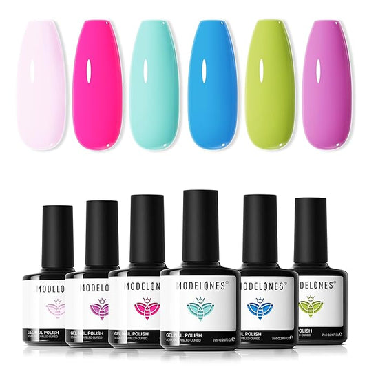 modelones Gel Nail Polish Set, 6 Colors Pastel Mint Purple Light Pink Gel Polish Rainbow Bright Neon Green Blue Hot Pink Nail Polish Soak Off LED Manicure Salon DIY Starter kit Gift