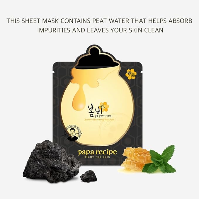 Papa Recipe Bombee Black Honey Mask 10 Pack – Honey & Propolis Sheet Mask with Peat Water for Pore Care, Clarifying & Hydrating Face Mask – Korean Skincare